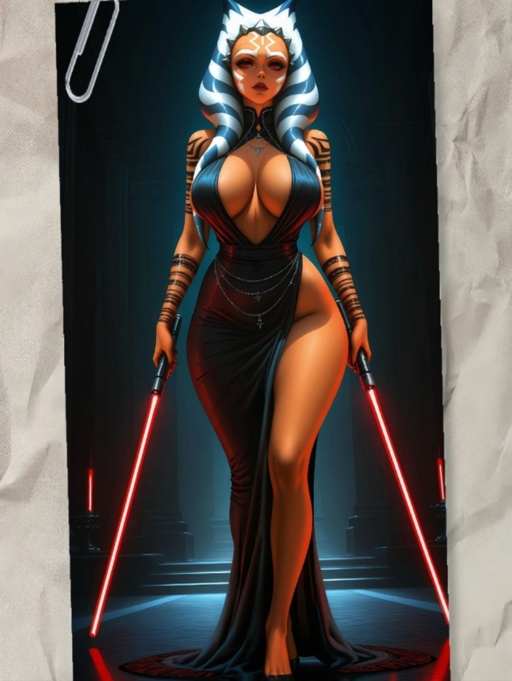 Galaxy Warrior Black High-Slit Gown with Red Lightsaber Accents